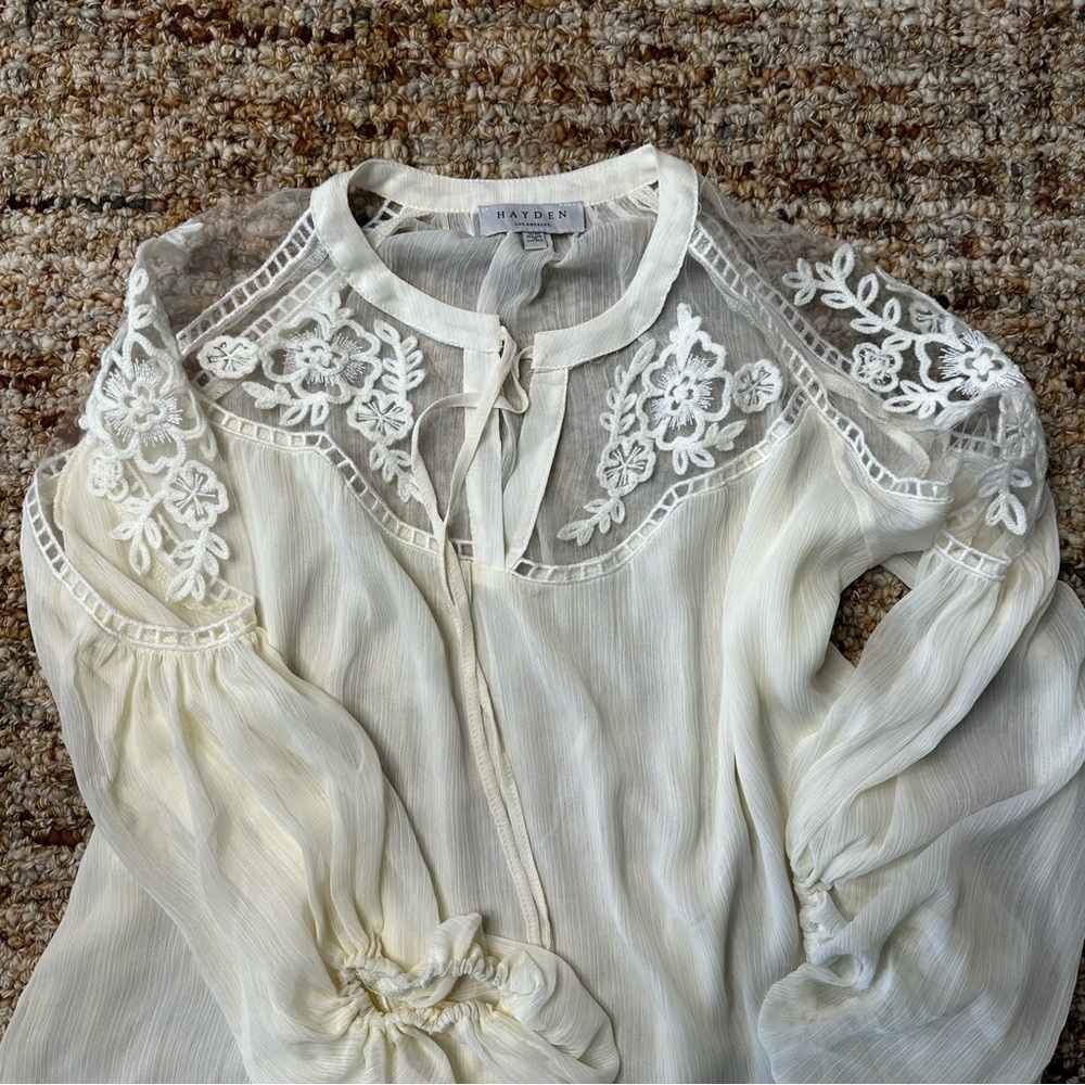 Hayden Los Angeles Sheer Tie Front Peasant Top - Picture 6 of 7